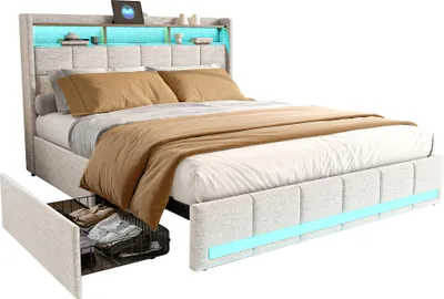 Productafbeelding van Moonbite bed met opbergruimte, 140x190 cm, linnen, beige, met 4 lades, LED-verlichting, planken en USB Type-C poorten, houten lattenbodem