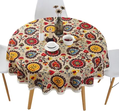 Produktbild von Runde Tischdecke im Bohème-Stil – Baumwoll-Leinen mit Spitze – Blumenmuster – Ø 150 cm – Für Esszimmer und Küche