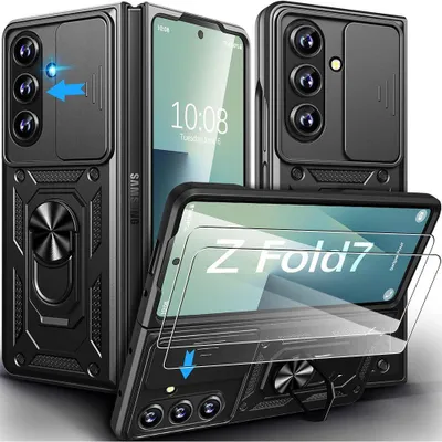 Image de Coque + 2 Verres Trempés pour Samsung Galaxy Z Fold 7, Protection avec Anneau Rotatif et Cache Caméra - Noir