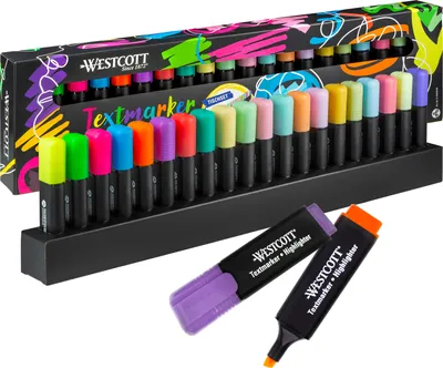 Produktbild von Westcott Textmarker Tischset 20 Stück in Neon und Pastell | 20er Pack Highlighter Marker mit Organisationssystem | 2-5 mm Strichstärke | Premium Tinte aus Deutschland | E-744250 00
