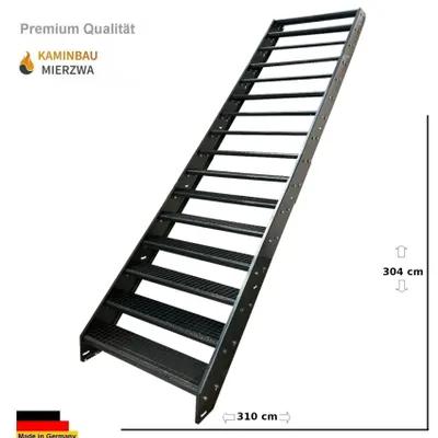 Zdjęcie produktu dla Schody strunowe Schody stalowe Stopnie kratowe 16 stopni - Ocynkowane i całkowicie malowane proszkowo na kolor antracytowy RAL 7016 - (szer. x wys. x gł.) 100 x 304 x 310 cm