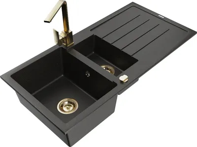 Produktbild von Mexen Andres 1,5-Becken-Granitspüle mit Abtropffläche und Mischbatterie Rita, Schwarz/Gold metallisch- 6515-75-670300-50