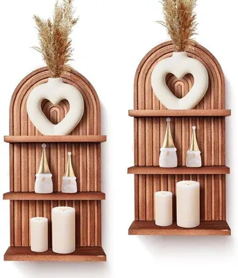 Produktbild von Ibenzoa® Boho-Wandregal aus Holz, 3-lagig, 2er-Set – Regenbogen-Design, Hauptbrett 20×40 cm, Ablagen 10×20 cm, für Wohnzimmer & Kinderzimmer