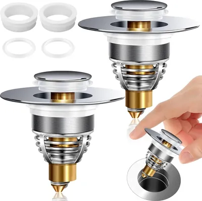 Produktbild von 2 Stück Edelstahl-Rückprall Kern Push-Typ Ablaufgarnitur Waschbecken, Waschbeckenstöpsel Abfluss Sieb, Abflussstopfen für Waschbecken Abfluss Aller Art mit 2 Dichtungen (Silbrig)