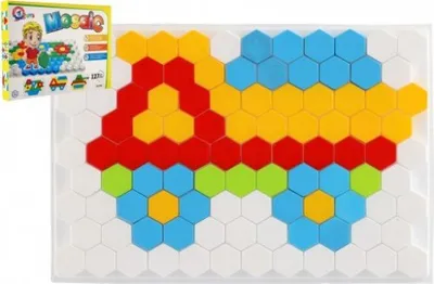 A box of a mosaic toy set and a mosaic creation of a vehicle on a white base.