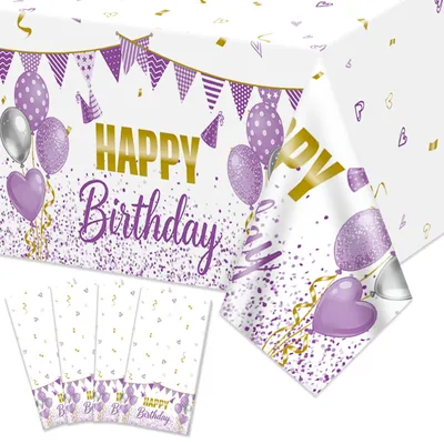 4er-Set Happy Birthday Tischdecken, lila-gold, 130x220 cm, wasserdicht