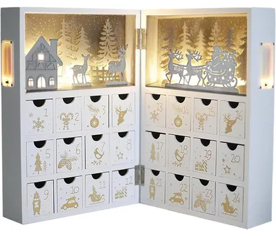 Productafbeelding van Adventskalender van hout, te vullen, met LED-verlichting, winterbos-thema. 24 vakken met een rendier