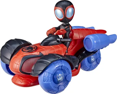 A toy Spider-Man character riding a red and blue vehicle.