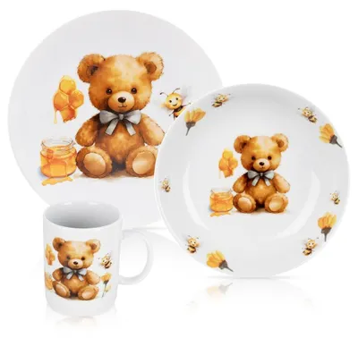 Zdjęcie produktu dla Orion | Zestaw naczyń dla dzieci 3 sztuki porcelana biała - z motywem misia