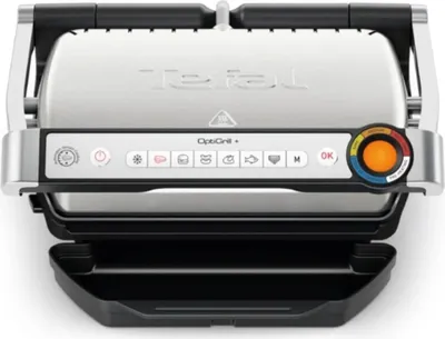 A top-down view of an open electric grill.
