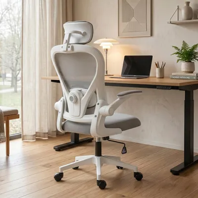 Produktbild von SUGIFT Schreibtischstuhl Netzstoff, Bürostuhl ergonomisch mit klappbaren Armlehnen, verstellbare Lendenstütze & Kopfstütze, Grau  |  10 kg  |  64 x 63 x 125 cm