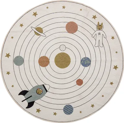 A circular rug depicting a solar system with planets, a rocket, and an astronaut.