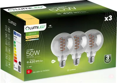 Zdjęcie produktu dla 3x Żarówka LED E27 Kula G95 6W = 50W 420lm 2200K Ciepła 360° DYMIONA FILAMENT LUMILED