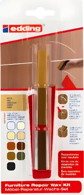 The product is packaged in a blister pack, showing the furniture repair wax kit.