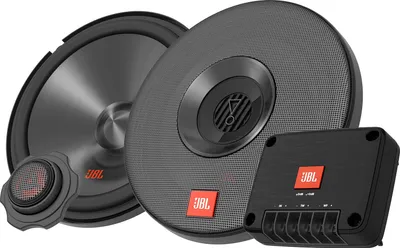 A set of car speakers and a crossover unit are displayed against a white background.