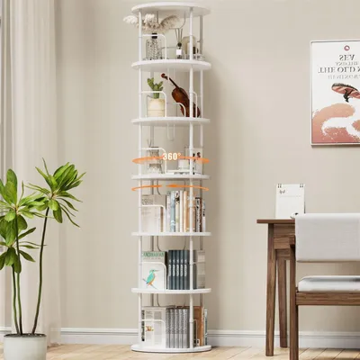 Immagine prodotto di Libreria girevole a 6 ripiani, in legno e metallo, colore bianco, dimensioni 45x45x193 cm