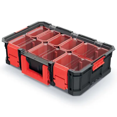 A black and red organizer box with multiple clear compartments is shown against a white background.