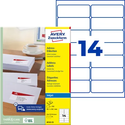 Produktbild von Avery Zweckform J8163-25, Adress-Etiketten, A4, 99,1 x 38,1 mm, 350 Etiketten / 25 Bögen, weiß