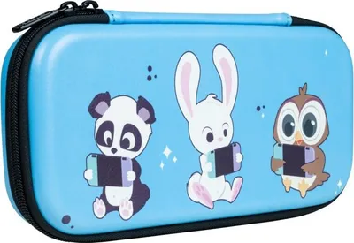 A light blue case with cartoon animals playing video games.