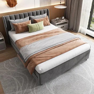 Image de Lit avec tiroirs intégrés – Lit avec espace de rangement – Tiroir de lit – Lit 140x200 cm – Gris velours