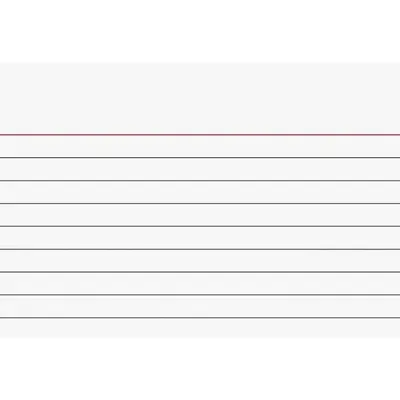 A lined index card with a red line at the top.