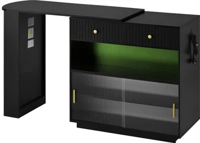 Obrázok produktu pre Barový stôl, rozťahovací, otočný o 360°, s úložným priestorom a LED osvetlením, otočný, s dierovanou doskou a zásuvkami