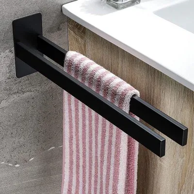 Produktbild von Handdoekrek aus Edelstahl, doppelseitig, selbstklebend, für Wandmontage, für Bad und Küche, matt schwarz, 39 cm