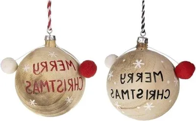 Productafbeelding van Houten kerstballen met inscriptie 'Merry Christmas' voor een feestelijke boomdecoratie van 8 cm diameter
