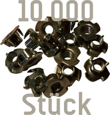 10.000 Einschlagmuttern für Klettergriffe von Kletterbude; metallisch glänzend; in verschiedenen Positionen angeordnet.