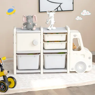 Produktbild von Autovormiges Kinderregal mit 4 Aufbewahrungsboxen und 1 Schrank, Kinderzimmerregal, Kinderbuchregal, Spielzeugregal für Kinderzimmer Wohnzimmer, 110 x 32 x 66 cm (grau)