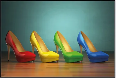 Produktbild von Wallario Wandbild Bunte Schuhe - High Heels für Frauen, Größe: 61 x 91,50 cm, Poster mit schwarzem Aluminiumrahmen