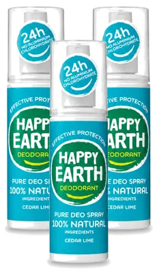 Imagen del producto de 3 aerosoles desodorantes Happy Earth, cedro y lima, 100 ml. Paquete económico de 3 unidades