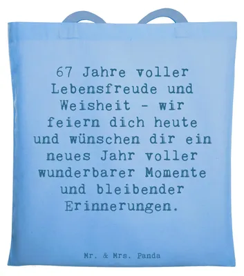 Produktbild von Mr. & Mrs. Panda Tote Bag Spruch 67. Geburtstag - Sky Blue - Geschenk, Freunde, Schultasche, Meilenstein, Illustration, Familie, Happy Birthday, totebag, Stoffbeutel
