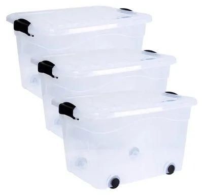 Aufbewahrungsbox 60 l, 3er-Set mit Rollen, transparent