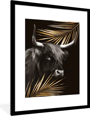 Produktbild von MuchoWow® Gerahmtes Poster Schottischer Highlander - Gold - Farn 60x80 cm - Poster mit Schwarzem Bilderrahmen Wandposter Rahmen Foto Bilder - Wohnzimmer - Dekorationen - Prämie