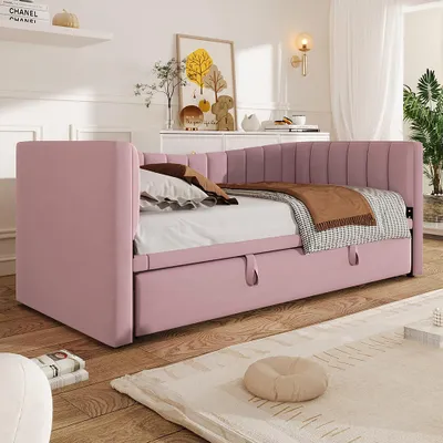 Obrázok produktu pre Sweiko denná posteľ 90 x 200 cm, 180 x 200 cm, čalúnená posteľ s výsuvným lôžkom, rozkladacia pohovka, jednolôžko, manželská posteľ, zamat, ružová, bez matraca