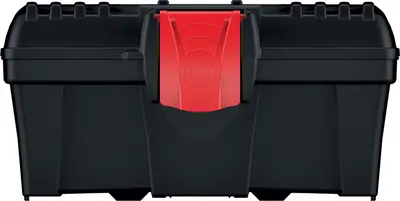 A black toolbox with a red latch is shown against a white background.