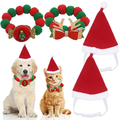 Immagine prodotto di Costumi natalizi per animali domestici - Set da 4, abbigliamento a tema Babbo Natale