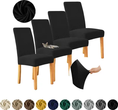 Produktbild von MEBLE ODNOWA, Stuhlhusse, Stuhlbezug, Standardgröße, Jacquard, Schwarz, 4er Set, Karostruktur, elastisch, Stuhlbezüge, Stuhlhussen, maschinenwaschbar