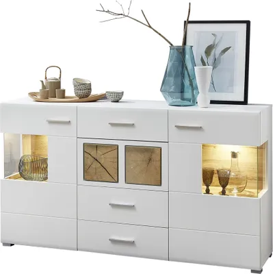 Produktbild von Sideboard weiß Eiche Applikationen FARO-36 mit LED Beleuchtung und Glaseinsätzen,  B/H/T: ca, 170/94/42 cm