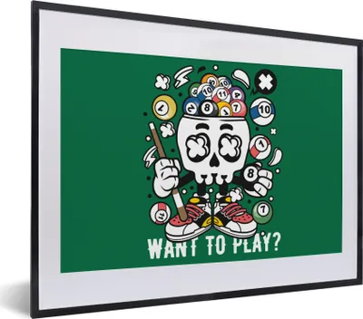 Produktbild von MuchoWow® MuchoWow® Gerahmtes Poster Billard - Totenkopf - Vintage 40x30 cm - Poster mit zchwarzem Bilderrahmen - Bilderrahmen - Poster im Rahmen