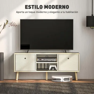 Image de Buffet TV - Armoire TV - 2 tiroirs tissu - 2 compartiments ouverts - Passage de câble - Pour TV jusqu'à 127 cm - Longueur 110 cm - Blanc