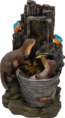 Immagine prodotto di Fontana a cascata da esterno – Fontana da giardino elettrica grigia – Luci LED bianco caldo – Pompa alimentata a rete – Decorazioni per giardino e casa – Otter Oasis – Spazzola per la pulizia