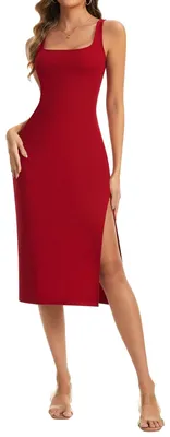 Productafbeelding van Solidchoice - Dames Midi Jurk met Split en Vierkante Hals