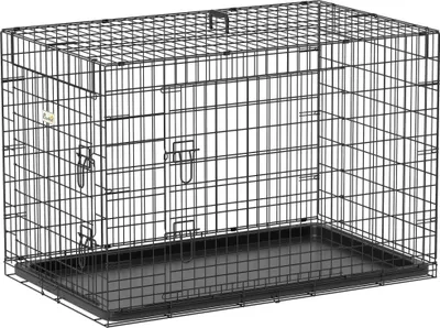 Obrázok produktu pre Prepravka pre psov a klietka pre psov – skladateľná prepravná klietka – 2 dvere – vyberateľná podlaha – rukoväť na prenášanie – oceľový rám – 92 × 57 × 62,5 cm – čierna farba