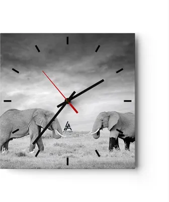 Produktbild von Wanduhr - Quadrat - Glasuhr - Elefanten Schwarzweiß Safari - 30x30cm - Schleichendes Uhrwerk - Lautlos - zum Aufhängen bereit - Dekoration Modern - Wanddekoration aus Glas - C3AC30x30-4186