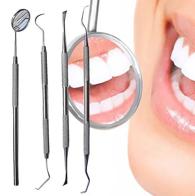 Produktbild von UNIQ Zahnreinigungsset 4-teilig aus Edelstahl - Mundspiegel, 2x Kürette, Schaber für die Dentalhygiene zu Hause
