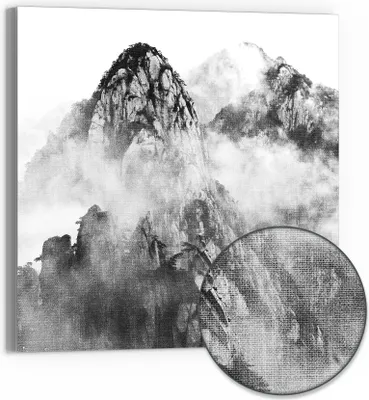 Produktbild von DEQORI Hybrid Leinwand Bild 30x30 cm 'Huangshan im Nebel' Wandbild Glas flach modern