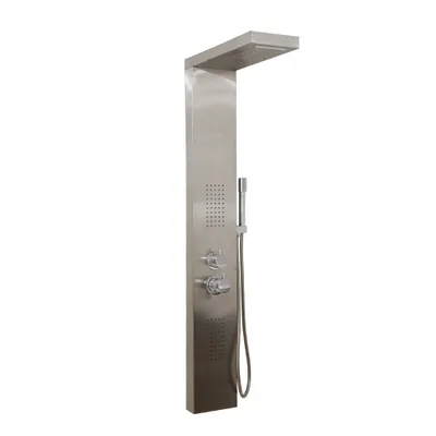 A stainless steel shower panel with a rain shower head, handheld shower, and controls, isolated on a white background.