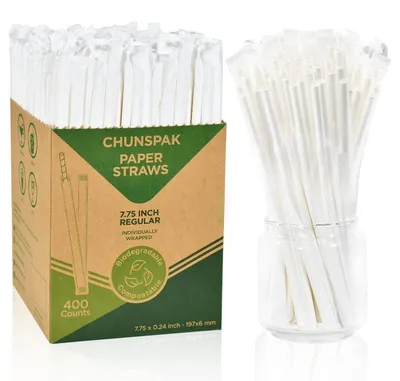 Produktbild von Papierstrohhalme Einweg Einzeln Verpackt Weiß 19,7 x 0,6 cm 400 Stück Biologisch Abbaubar
